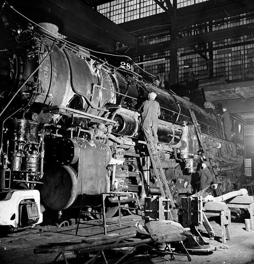 Train Being Repaired At Locomotive Shop - Chicago 1942 - Jack Delano Photograph by War Is Hell Store