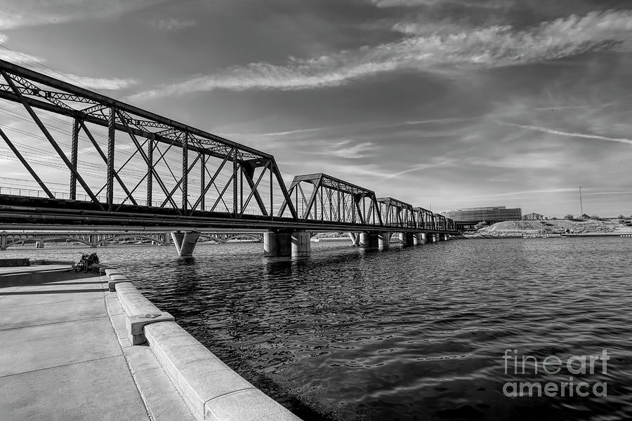 Tempe Photograph - Train Bridge across Tempe Town Lake BW by Elisabeth Lucas