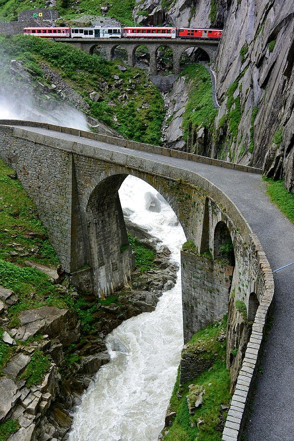 Devil's Bridge Photograph - Train in the Swiss Alps by Two Small Potatoes Devil's Bridge Photograph - Train in the Swiss Alps by Two Small Potatoes