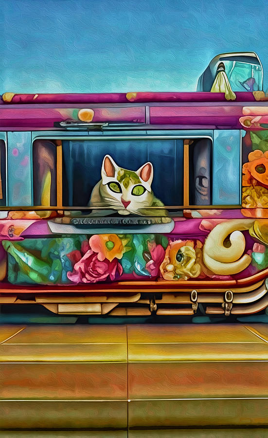 Train Lover Cat Mixed Media by Ann Leech