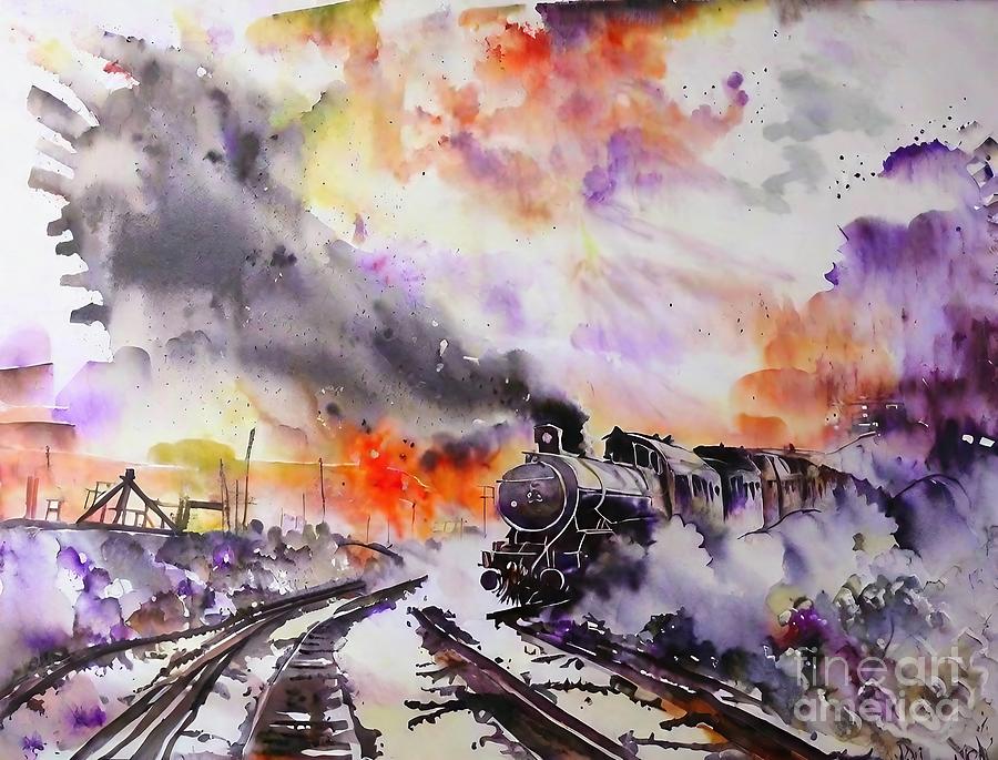 Architecture Painting - Train Painting railroad old train clauds train watercolor contemporary art awarded paintings turkish painter aydin baykara turkish artists yellow orange violet landscape after sunset art blue city by N Akkash