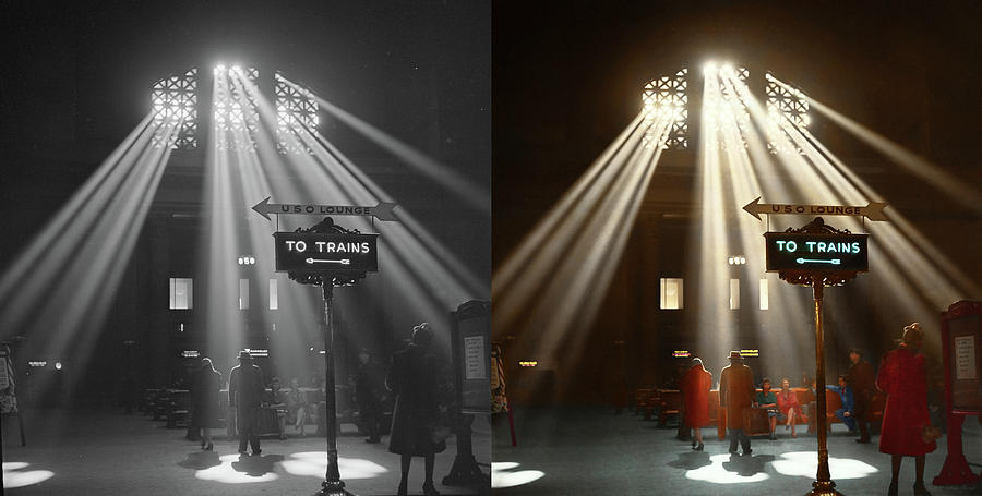 Train Station - Chicago Ill - Let there be light 1943 - Side by Side Photograph by Mike Savad