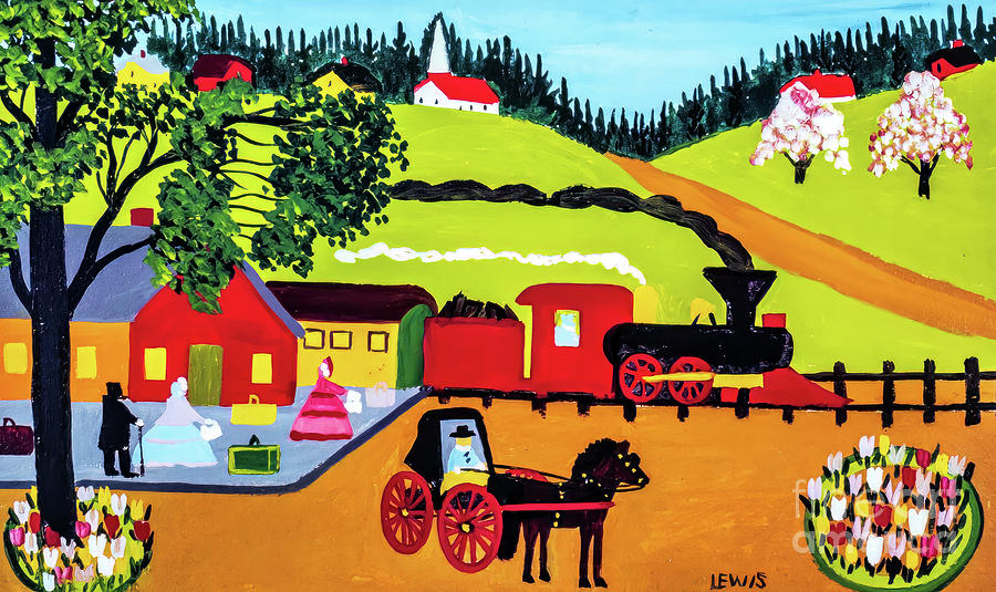 Train Station in Summer by Maud Lewis 1964 Painting by Maud Lewis