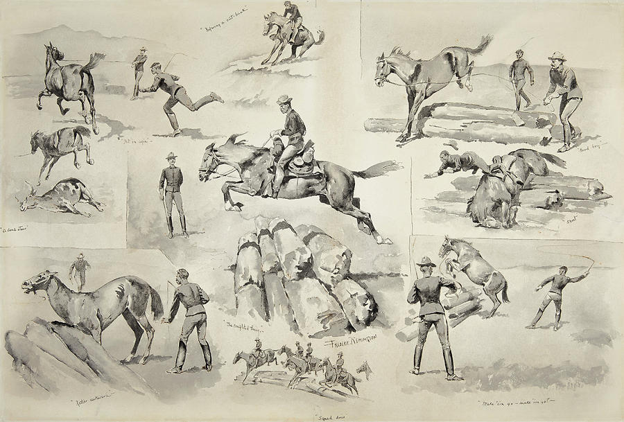 Training Horses to Leap Obstacles, Tenth United States Cavalry Drawing by Frederic Remington