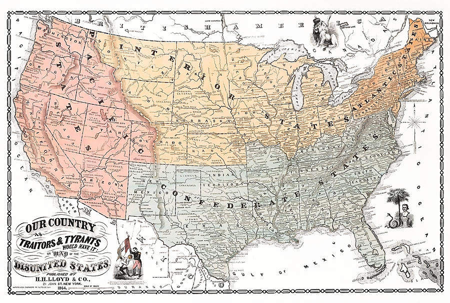 Traitors and Tyrants Map - Map Of The Disunited States - Civil War 1864 Drawing by War Is Hell Store