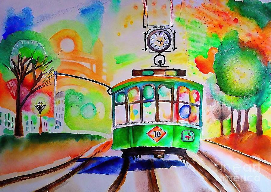 Abstract Painting - Tram art colorful sity landscape artwork tram art print for sale Painting tram sity landscape colorful happy life sunchine bright colors leonid afremov tram art tram artwork abstract art autumn by N Akkash