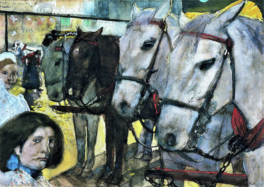 Tram Horses on Dam Square in Amsterdam - Digital Remastered Edition Painting by George Hendrik Breitner