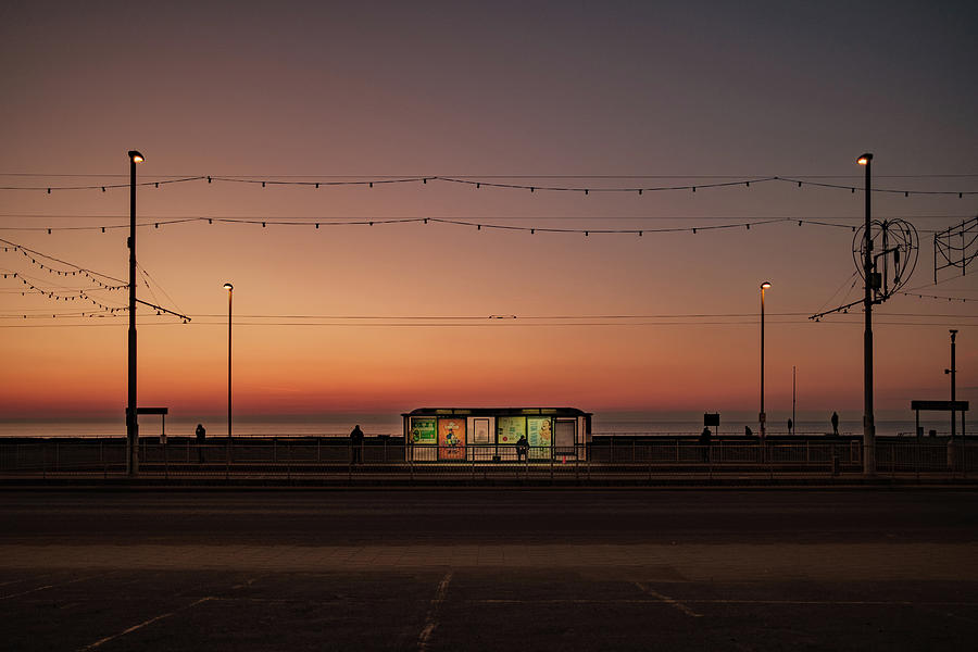 Bts Photograph -  Tram stop in Blackpool at dusk by Nick Barkworth