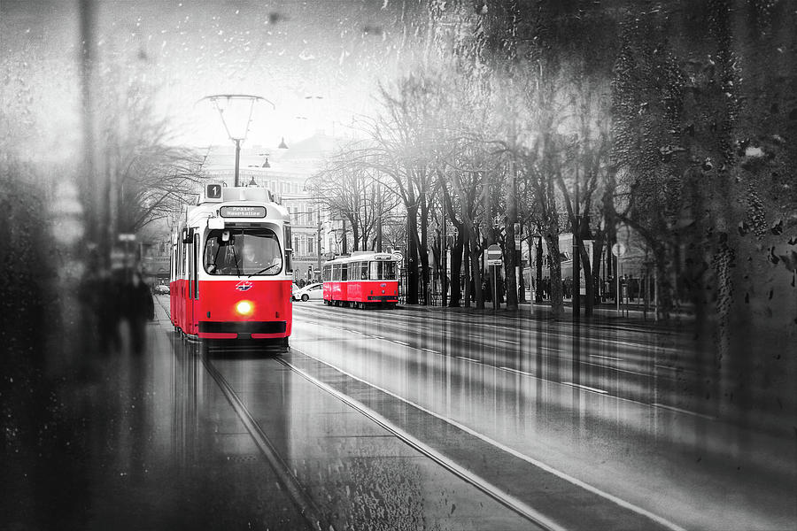 Trams of Vienna Austria Black White and Red Photograph by Carol Japp