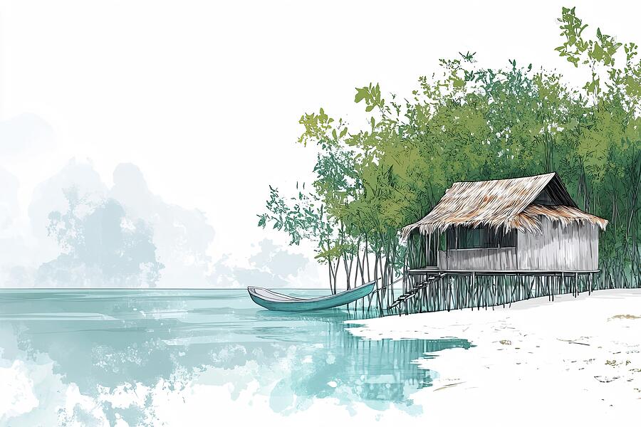 Tranquil Hut Art Painting by Lourry Legarde Tranquil Hut Art Painting by Lourry Legarde
