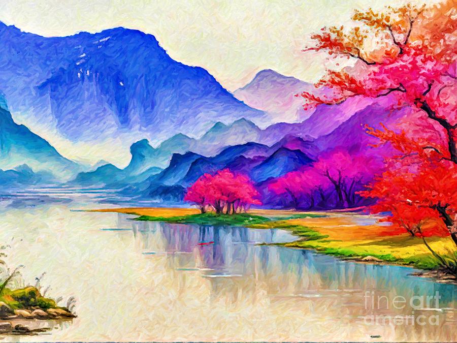Tranquil Lakeside Reflections 3 Painting by Digitly