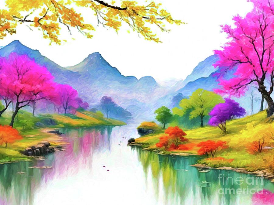 Tranquil Lakeside Reflections Painting by Digitly