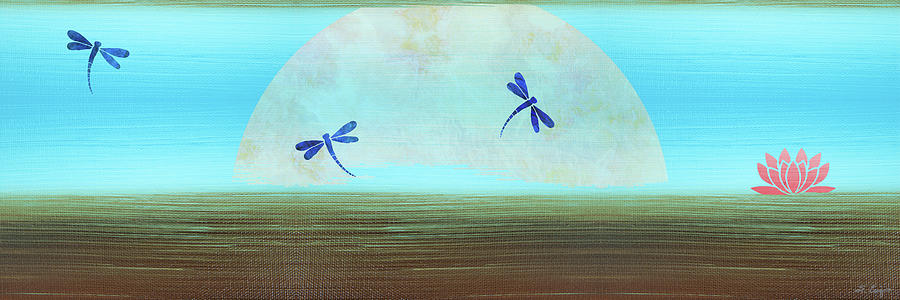Sunset Painting - Tranquil Lotus Pond Art With Dragonflies by Sharon Cummings