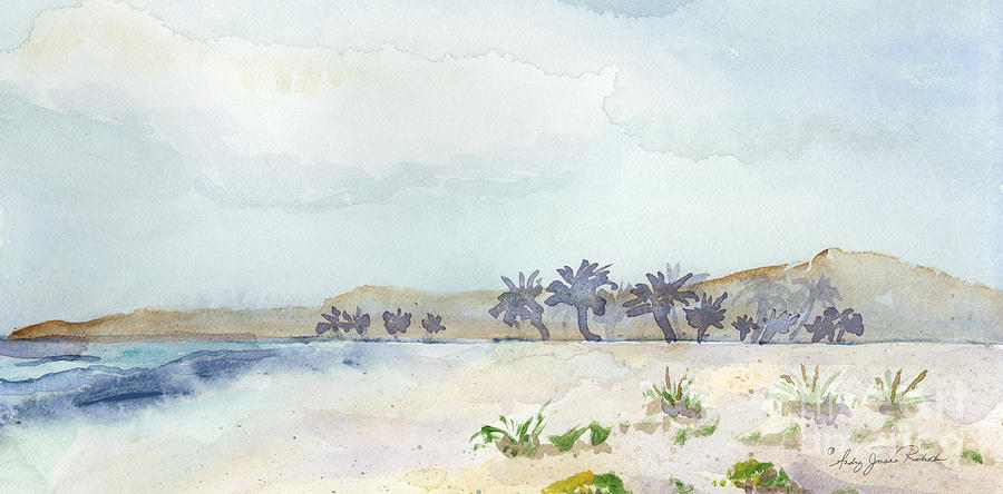 Tranquil Ocean Beach Shore Island Watercolor  Painting by Audrey Jeanne Roberts