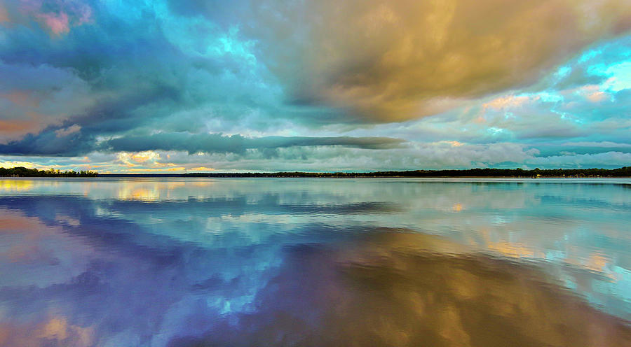 Tranquil Photograph - Tranquil Shawano Lake reflecting colorful twilight sky. by James Brey