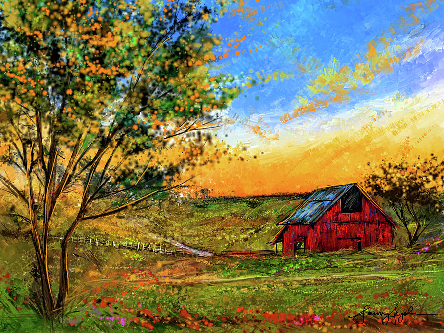 Tranquil Sunset - Red Barn and Pastoral Artwork Painting by Lourry Legarde