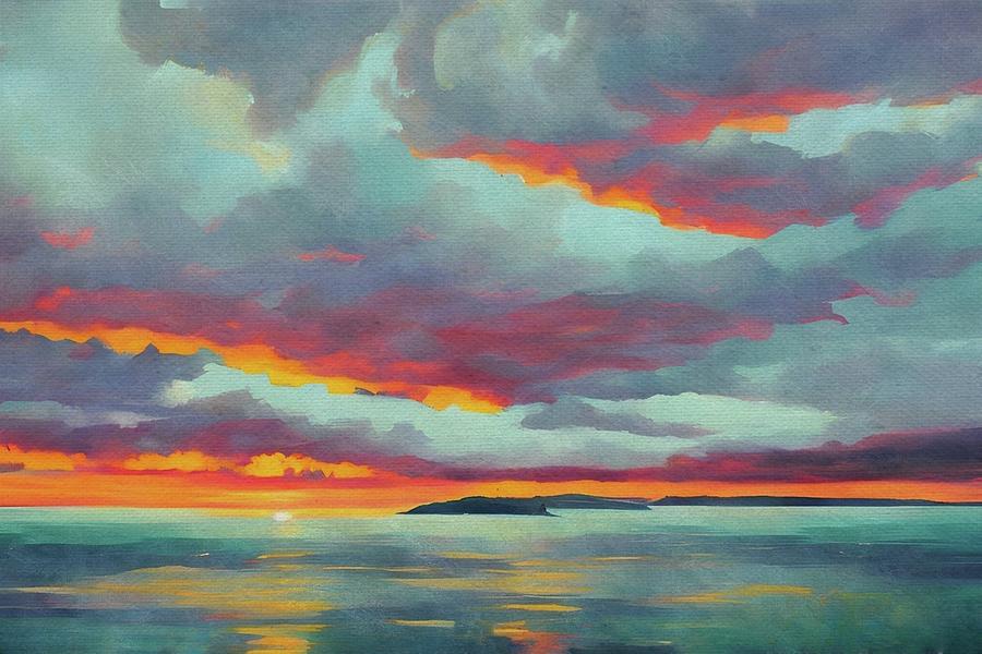 Tranquil Teal Sunset  Painting by Ally White
