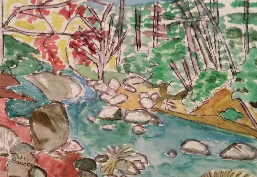 Tranquility Abstract Watercolor and Ink Drawing of a Rippling Mountain Stream Surrounded by Trees Painting by Ali Baucom
