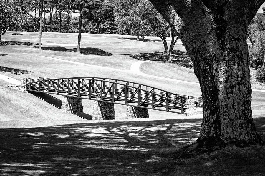 Tranquility On The Fairways - A Bridge to Serenity In Little Rock - Black And White Photograph by Gregory Ballos