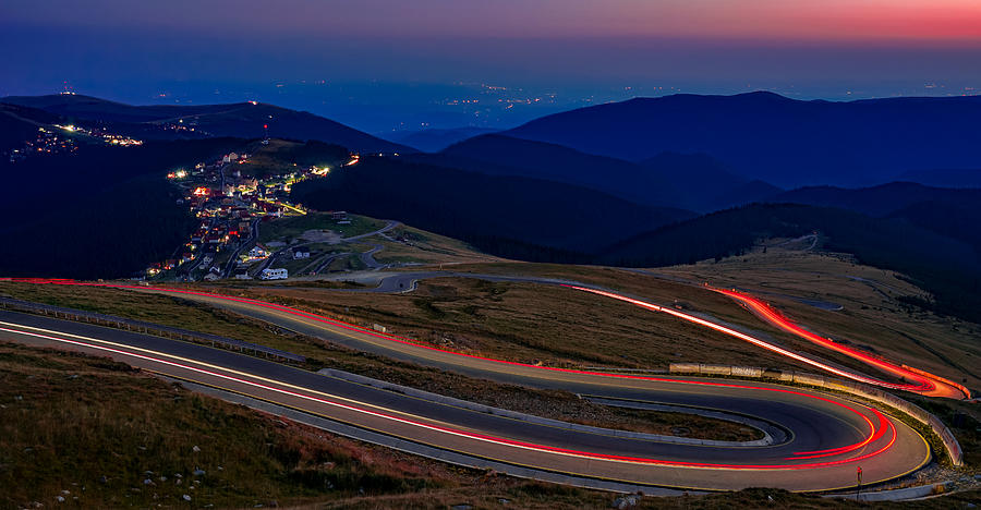 Transalpina pass in the Carpathian mountains, Romania, seen after sunset. Photograph by George Afostovremea