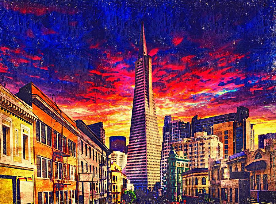 Transamerica Pyramid in San Francisco at sunset - digital painting Digital Art by Nicko Prints