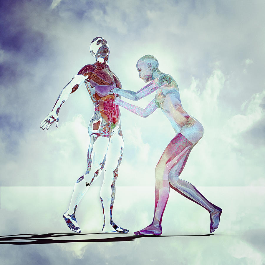 Transparent futuristic woman reaching into abdomen of man Photograph by Donald Iain Smith