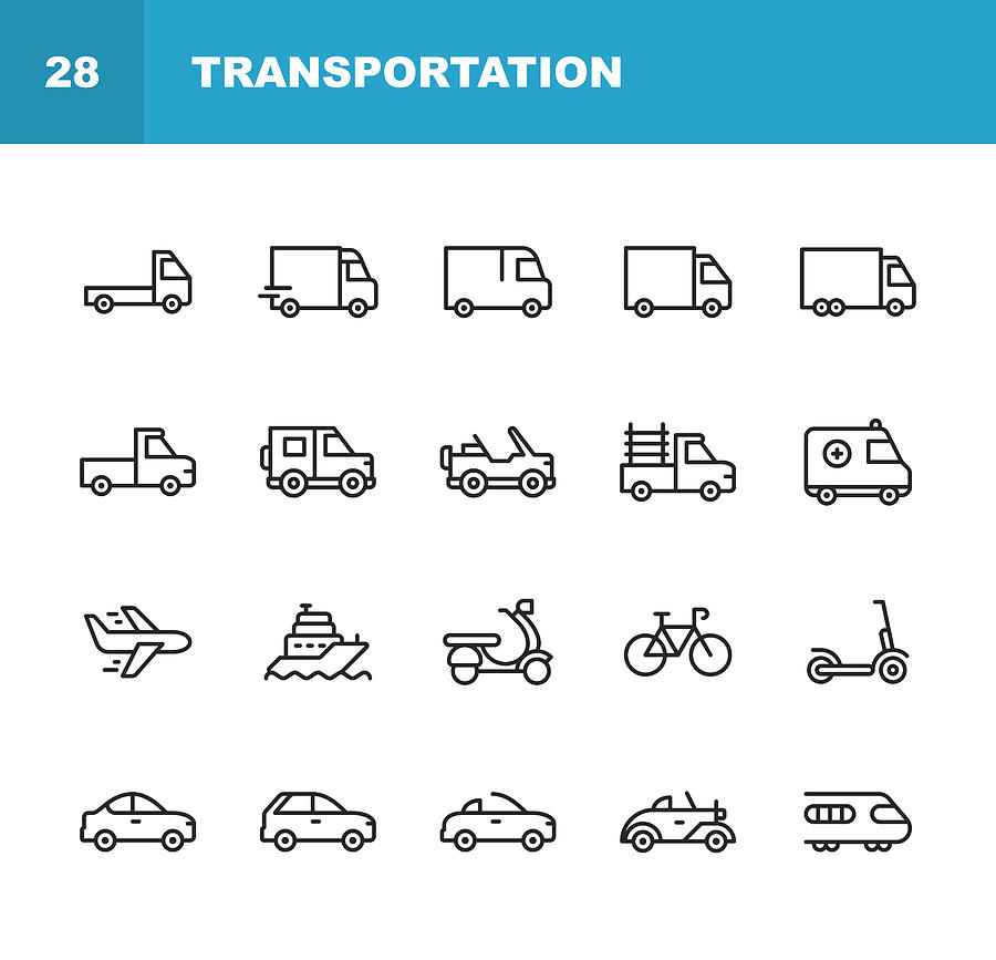 Transportation Line Icons. Editable Stroke. Pixel Perfect. For Mobile and Web. Contains such icons as Truck, Car, Vehicle, Shipping, Sailboat, Plane, Motorbike, Bicycle. Drawing by Rambo182
