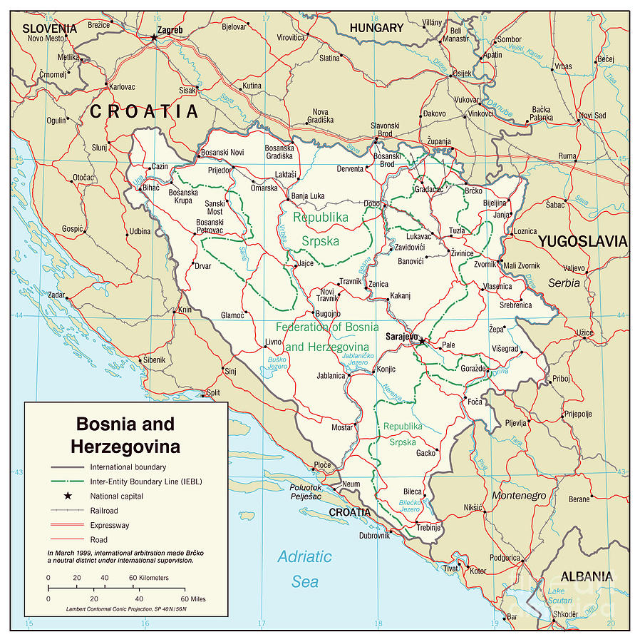 Transportation Map Of Bosnia And Herzegovnia, 2002 Drawing by Granger ...