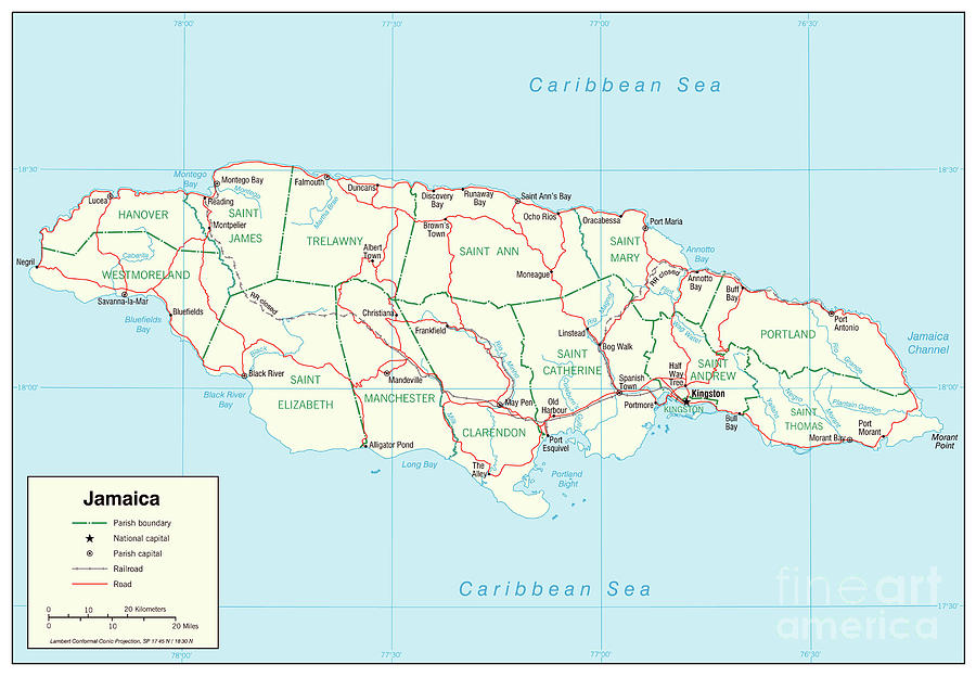 Transportation Map Of Jamaica, 2002 Drawing by Granger - Pixels