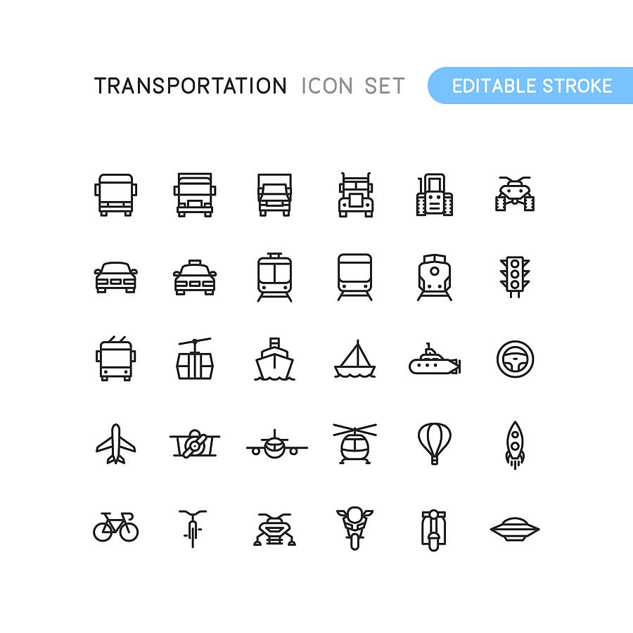 Transportation Outline Icons Editable Stoke Drawing by Bounward