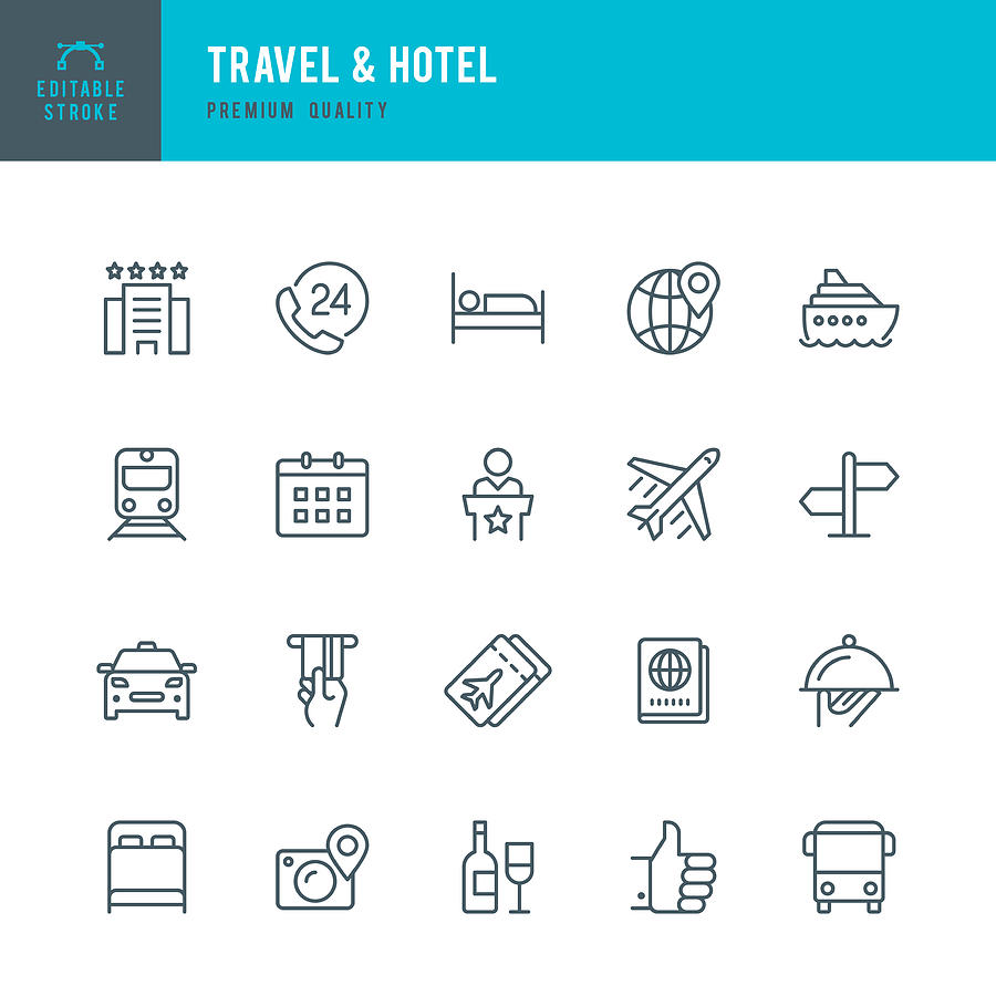 Travel & Hotel - set of thin line vector icons Drawing by Fonikum