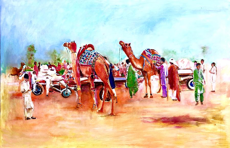 Camel Painting - Travel break by Khalid Saeed