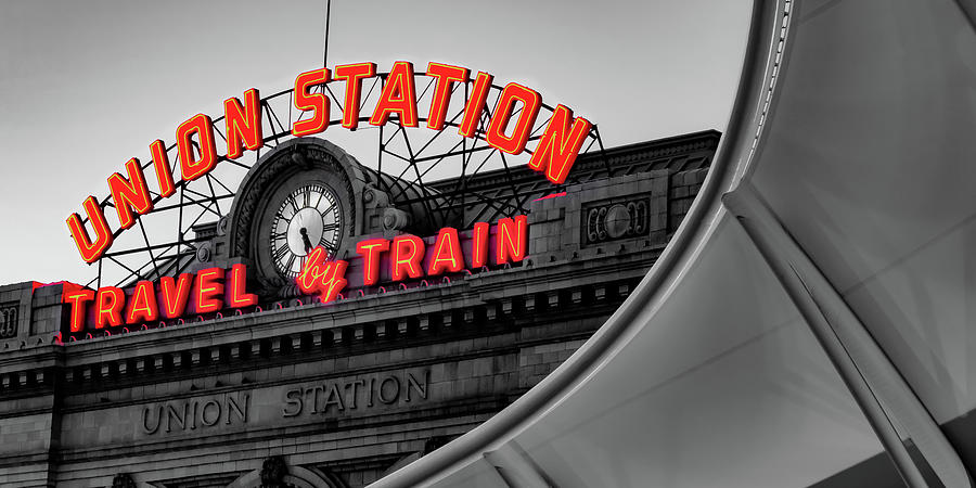 Travel By Train Neon Of Denver Colorado Panorama - Selective Coloring Photograph by Gregory Ballos