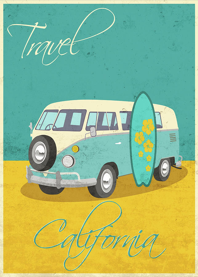 Travel California Surf VW Bus Retro Travel Vintage Poster Mixed Media ...