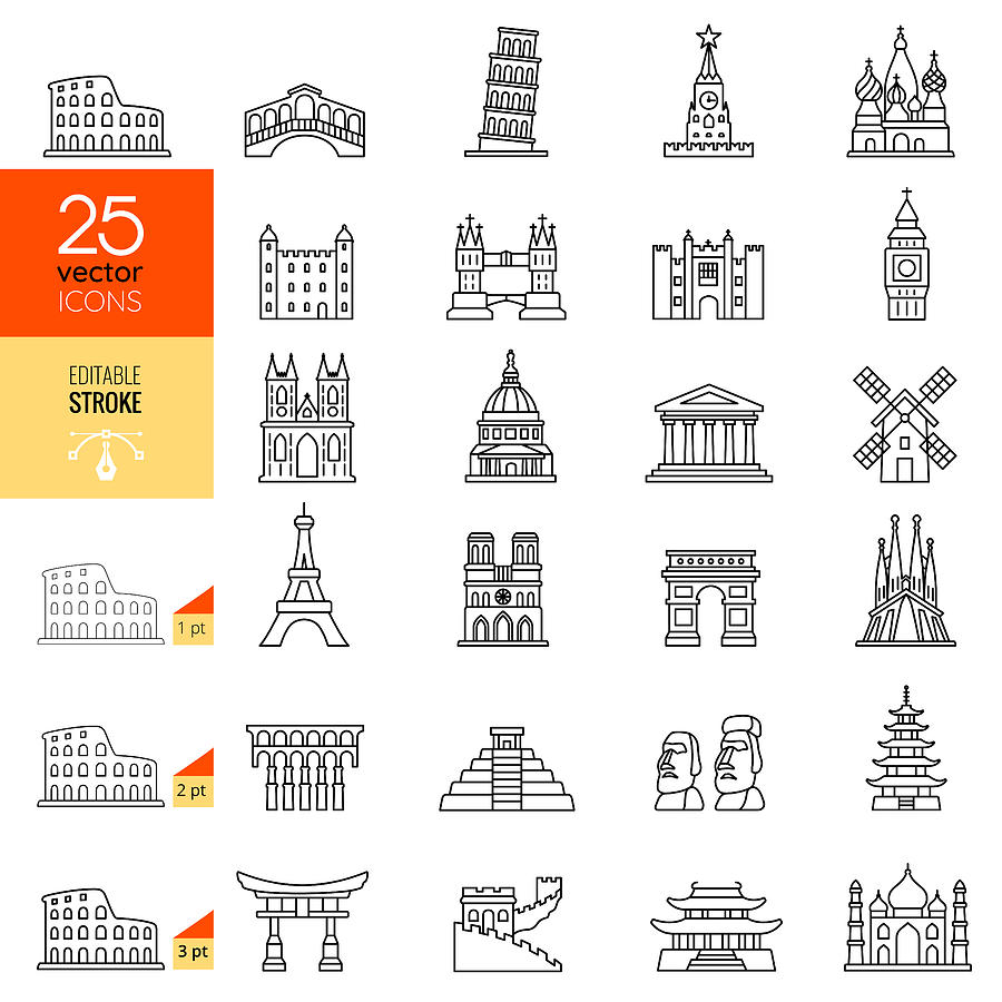 Travel Landmark Line Icon Set. Editable Stroke. Drawing by AlonzoDesign