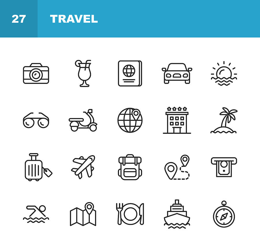 Travel Line Icons. Editable Stroke. Pixel Perfect. For Mobile and Web. Contains such icons as Camera, Cocktail, Passport, Sunset, Plane, Hotel, Cruise Ship, ATM, Palm Tree, Backpack, Restaurant. Drawing by Rambo182