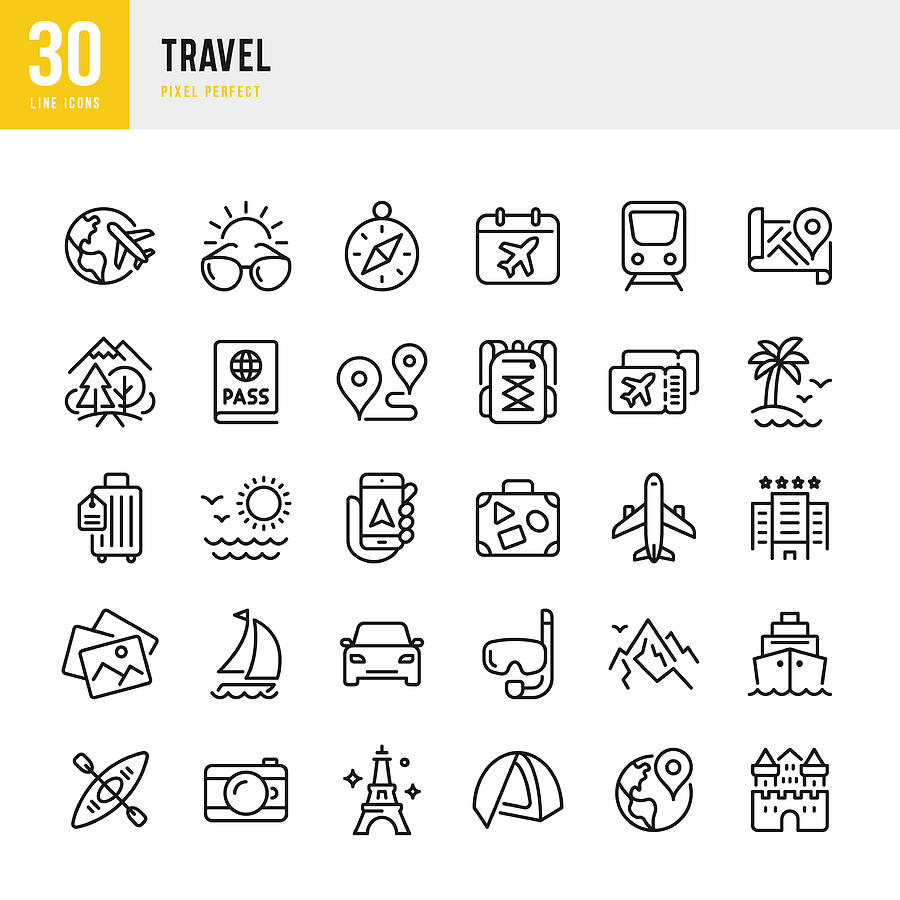Travel - thin line vector icon set. Pixel perfect. The set contains icons: Tourism, Travel, Airplane, Beach, Mountains, Navigational Compass, Palm Tree, Yacht, Passport, Diving, Cruise Ship, Kayaking, Hiking. Drawing by Fonikum