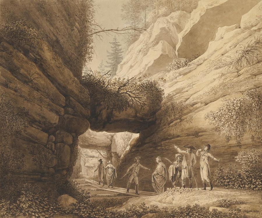 The Shining Drawing - Travelers at the Rock Arch in the Limestone Mountains of the River Elbe  by Johann Moritz Gottfried Jentzsch German