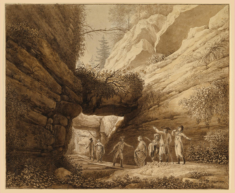 Travelers at the Rock Arch in the Limestone Mountains of the River Elbe Drawing by Johann Moritz Gottfried Jentzsch