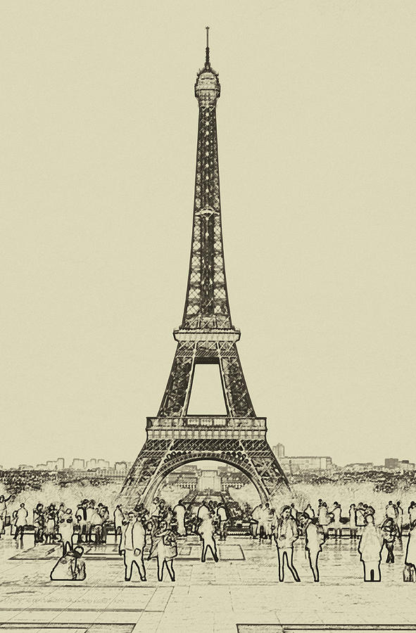 Travelers on Trocadero Below Tour Eiffel and Paris Skyline Digital Sketch Digital Art by Shawn OBrien