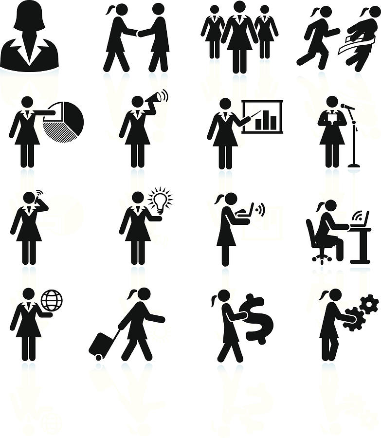 Traveling Businesswoman black and white royalty free vector icon set Photograph by Bubaone