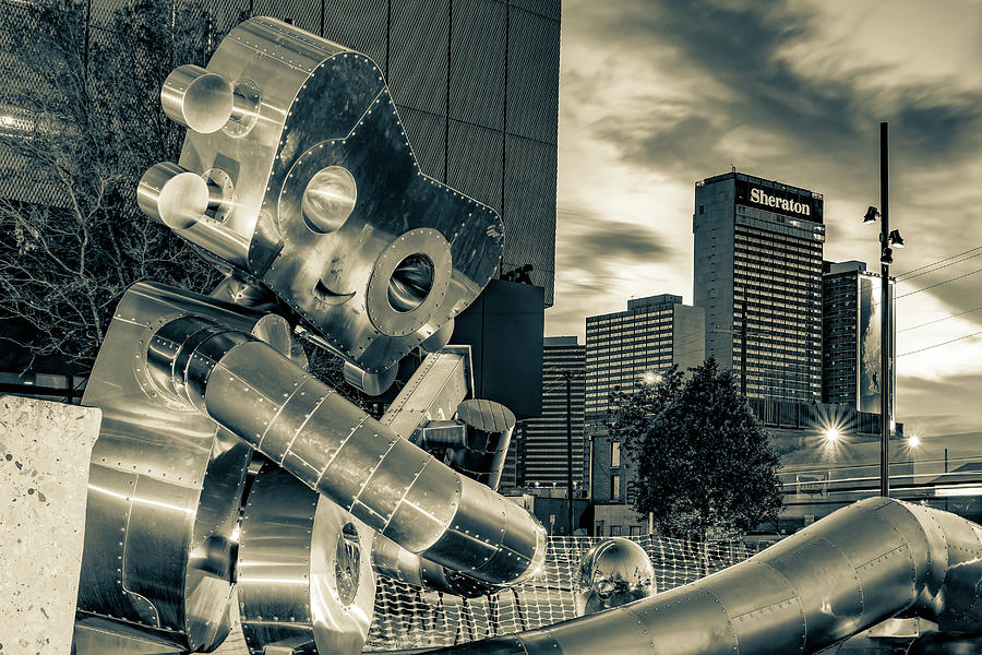 Traveling Man and Dallas Texas Cityscape in Sepia Monochrome Photograph by Gregory Ballos