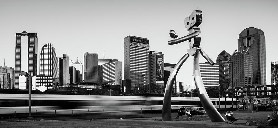 Dallas Skyline Photograph - Traveling Man - Dallas Skyline Panorama - Black and White by Gregory Ballos