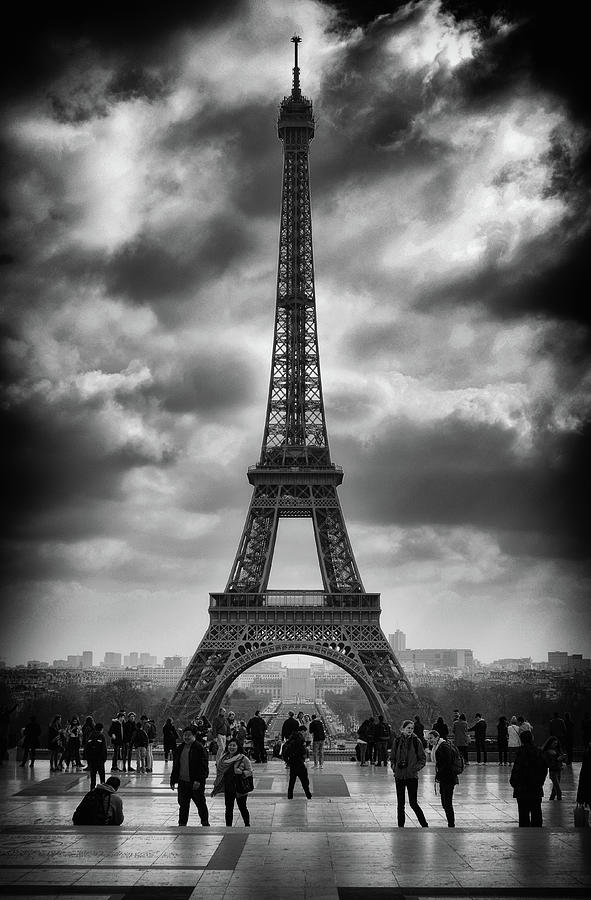 Travellers on Trocadero Below Tour Eiffel and Paris Skyline Black and White Photograph by Shawn OBrien