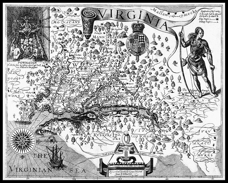 Vintage Photograph - Travels through Virginia Historical Map 1618 Black and White by Carol Japp