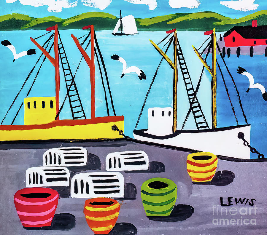 Trawlers at Dock by Maud Lewis Painting by Maud Lewis