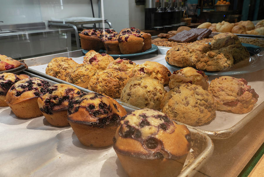 Tray of muffins in a bakery. Photograph by Kyle Lee