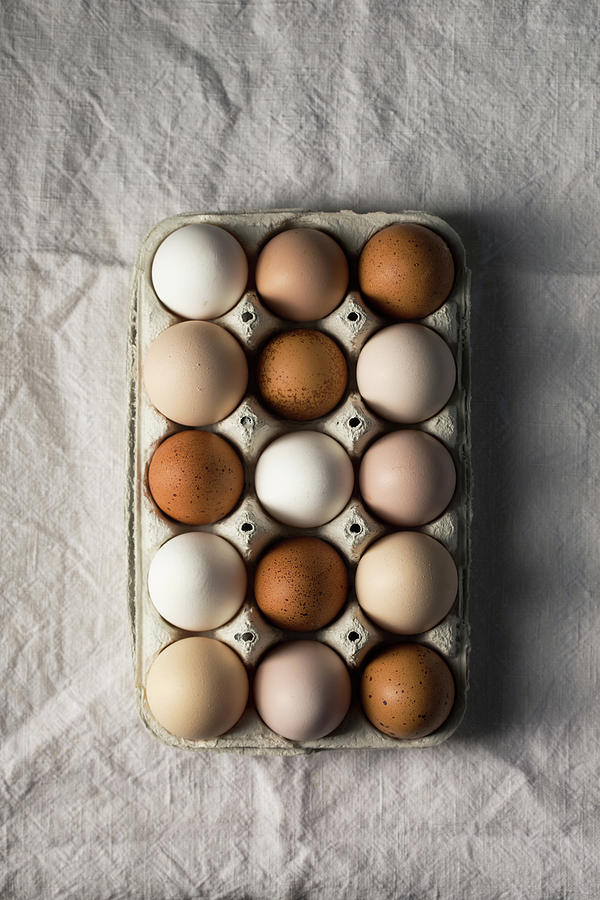 Tray With Colorful Farm Eggs, Top View Photograph
