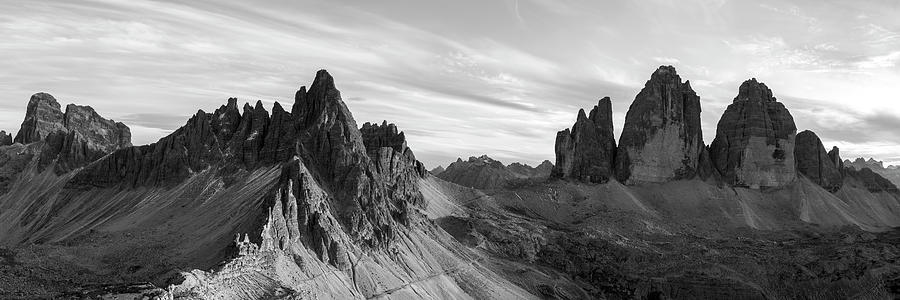 Tre Cime di Lavaredo Dolomites Italy black and white Photograph by Sonny Ryse