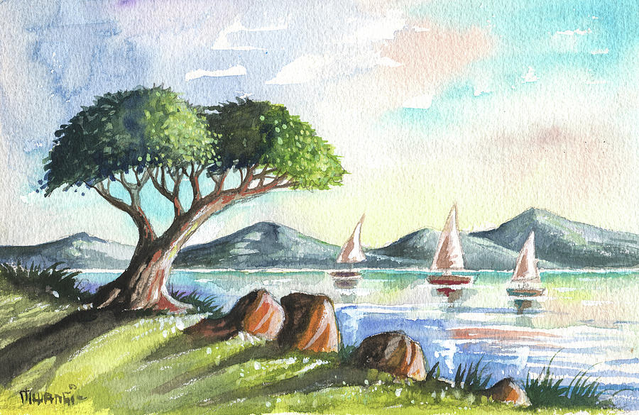 Tree and Three Boats Painting by Anthony Mwangi